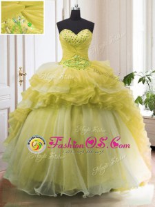 Light Yellow Sweetheart Neckline Beading and Ruffled Layers 15th Birthday Dress Sleeveless Lace Up