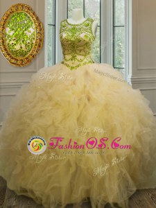 Light Yellow Tulle Lace Up Scoop Sleeveless Floor Length Quinceanera Dresses Beading and Ruffles