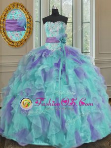 Customized Floor Length Lace Up Quinceanera Dress Multi-color and In for Military Ball and Sweet 16 and Quinceanera with Beading and Appliques and Ruffles and Sashes|ribbons and Hand Made Flower