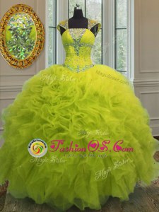 Beauteous Straps Yellow Green Cap Sleeves Floor Length Beading and Ruffles and Sequins Lace Up Vestidos de Quinceanera