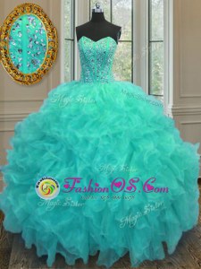 Floor Length Lace Up Sweet 16 Dresses Aqua Blue and In for Military Ball and Sweet 16 and Quinceanera with Beading and Ruffles