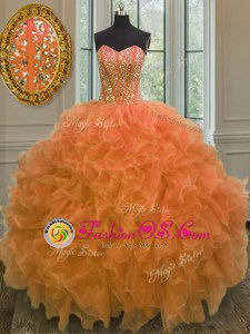 Latest Sweetheart Sleeveless Quince Ball Gowns Floor Length Beading and Ruffles Orange Organza