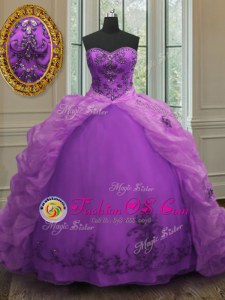 Exquisite Purple Organza Lace Up Sweetheart Sleeveless With Train Ball Gown Prom Dress Court Train Beading and Appliques and Pick Ups
