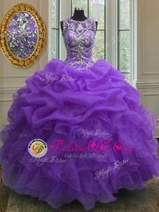 Shining Scoop Purple Sleeveless Beading and Ruffles and Pick Ups Floor Length Sweet 16 Quinceanera Dress