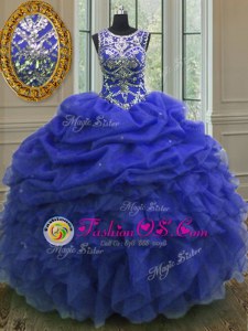 Edgy Royal Blue Scoop Neckline Beading and Ruffles and Pick Ups Quinceanera Gown Sleeveless Lace Up