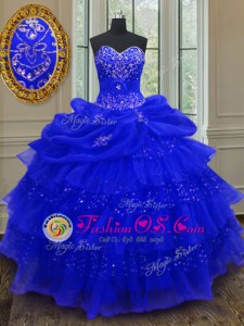 Excellent Royal Blue Lace Up Sweetheart Beading and Ruffled Layers and Pick Ups Quinceanera Dresses Organza Sleeveless