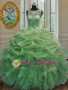 High Class Scoop Pick Ups Sleeveless Organza Lace Up Quinceanera Dresses for Military Ball and Sweet 16 and Quinceanera
