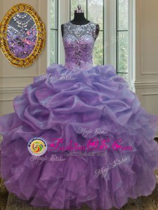 Edgy Scoop Lavender Lace Up Sweet 16 Quinceanera Dress Beading and Ruffles and Pick Ups Sleeveless Floor Length