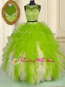 Pretty Scoop Sleeveless Tulle Ball Gown Prom Dress Beading and Ruffles Zipper