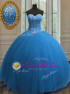 New Style Blue Lace Up Sweetheart Beading and Sequins Quinceanera Dress Tulle Sleeveless