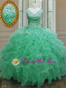 Sumptuous Sleeveless Floor Length Beading and Ruffles Zipper Quince Ball Gowns with Apple Green