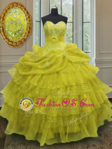 Stunning Yellow Organza Lace Up Sweetheart Sleeveless Floor Length Sweet 16 Quinceanera Dress Beading and Ruffled Layers and Pick Ups