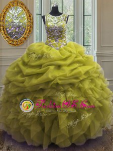 Scoop Sleeveless Quinceanera Gowns Floor Length Beading and Ruffles and Pick Ups Yellow Green Organza