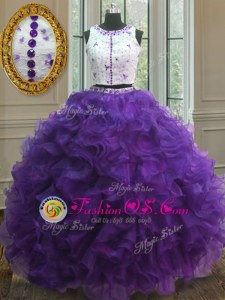 Fashion Scoop Floor Length Clasp Handle Vestidos de Quinceanera Purple and In for Military Ball and Sweet 16 and Quinceanera with Appliques