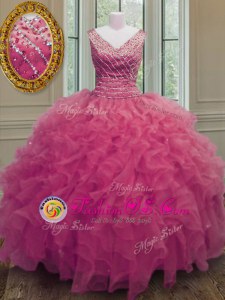 Enchanting Hot Pink Sleeveless Beading and Ruffles Floor Length Quinceanera Dresses