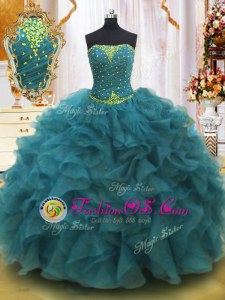Teal Sweet 16 Dress Military Ball and Sweet 16 and Quinceanera and For with Beading and Ruffles Strapless Sleeveless Lace Up