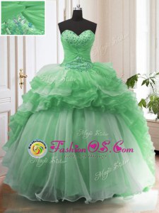 Fitting Ruffled Sweep Train Ball Gowns Quinceanera Gowns Green Sweetheart Organza Sleeveless Lace Up