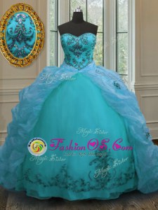 Aqua Blue 15th Birthday Dress Military Ball and Sweet 16 and Quinceanera and For with Beading and Appliques and Pick Ups Sweetheart Sleeveless Court Train Lace Up