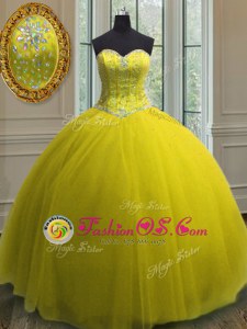 Superior Yellow Ball Gowns Sweetheart Sleeveless Tulle Floor Length Lace Up Beading and Sequins Quinceanera Gowns