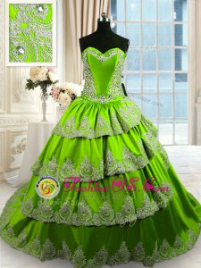 Sweetheart Sleeveless Sweet 16 Quinceanera Dress With Train Court Train Beading and Appliques and Ruffled Layers Green Taffeta