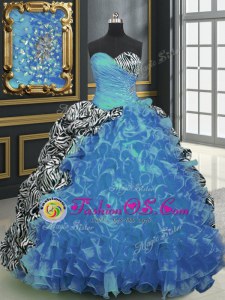 Sleeveless Organza and Printed With Brush Train Lace Up Quinceanera Dress in Baby Blue for with Beading and Ruffles and Pattern