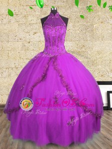 Halter Top Floor Length Lace Up Quinceanera Dress Purple and In for Military Ball and Sweet 16 and Quinceanera with Beading