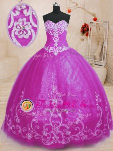 Trendy Fuchsia Tulle Lace Up 15th Birthday Dress Sleeveless Floor Length Beading and Embroidery