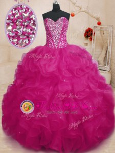 Shining Floor Length Lace Up Ball Gown Prom Dress Fuchsia and In for Military Ball and Sweet 16 and Quinceanera with Beading and Ruffles