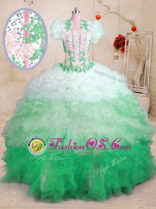 Multi-color Lace Up Sweetheart Beading and Appliques and Ruffles 15 Quinceanera Dress Organza Sleeveless Brush Train