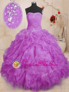 Floor Length Purple Sweet 16 Dresses Strapless Sleeveless Lace Up