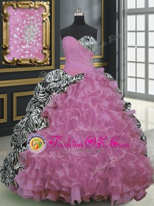 Modern Printed Sleeveless Brush Train Beading and Ruffles and Pattern Lace Up Quinceanera Dress
