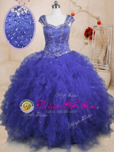 Delicate Royal Blue Ball Gowns Square Cap Sleeves Tulle Floor Length Lace Up Beading and Ruffles and Sequins Sweet 16 Quinceanera Dress