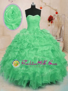 Custom Design Purple Ball Gowns Sweetheart Sleeveless Organza Floor Length Lace Up Beading and Ruffles and Hand Made Flower 15 Quinceanera Dress