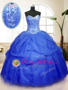 Vintage Blue Quinceanera Gown Military Ball and Sweet 16 and Quinceanera and For with Sequins and Pick Ups Sweetheart Sleeveless Lace Up