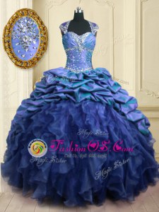 Vintage Cap Sleeves Organza and Taffeta With Brush Train Lace Up Quinceanera Dresses in Blue for with Beading and Ruffles and Pick Ups