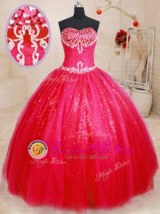 Fashion Beading Quinceanera Gowns Red Lace Up Sleeveless Floor Length