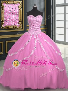 Graceful Tulle Sweetheart Sleeveless Brush Train Lace Up Beading and Appliques 15 Quinceanera Dress in Rose Pink