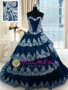 Navy Blue Taffeta Lace Up Sweetheart Sleeveless With Train Sweet 16 Dresses Court Train Beading and Appliques and Ruffled Layers