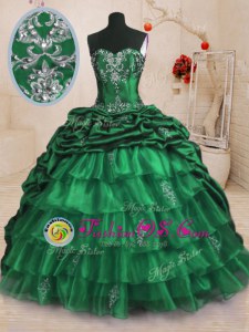Sweet Pick Ups Ruffled With Train Dark Green Vestidos de Quinceanera Sweetheart Sleeveless Sweep Train Lace Up