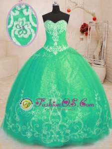 Turquoise Lace Up 15 Quinceanera Dress Beading and Embroidery Sleeveless Floor Length