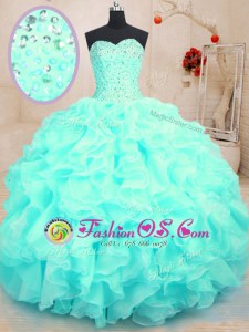 Sweetheart Sleeveless Vestidos de Quinceanera Floor Length Beading and Ruffles Aqua Blue Organza