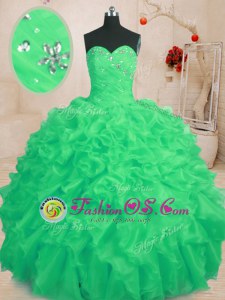 Shining Floor Length Lace Up Quince Ball Gowns Green and In for Military Ball and Sweet 16 and Quinceanera with Beading and Ruffles