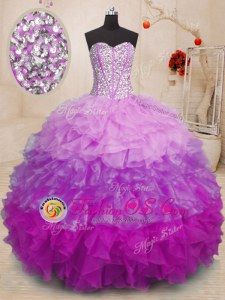 Multi-color Ball Gowns Organza Sweetheart Sleeveless Beading and Ruffles Floor Length Lace Up Quince Ball Gowns