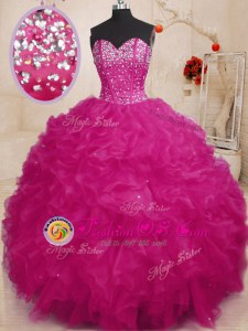 Fantastic Fuchsia Sweetheart Neckline Beading and Ruffles 15 Quinceanera Dress Sleeveless Lace Up