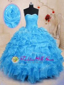Baby Blue Sleeveless Floor Length Beading and Ruffles and Hand Made Flower Lace Up Ball Gown Prom Dress