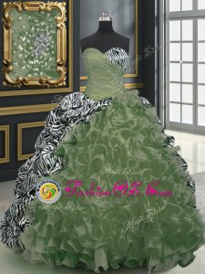 Organza and Printed Sleeveless With Train Quinceanera Dresses Brush Train and Beading and Ruffles and Pattern