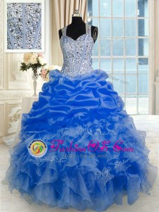Colorful Floor Length Royal Blue Sweet 16 Quinceanera Dress Organza Sleeveless Beading and Ruffles and Pick Ups