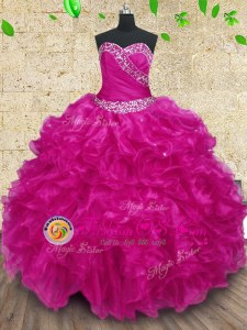Stunning Sweetheart Sleeveless Lace Up Ball Gown Prom Dress Fuchsia Organza