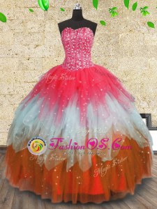 Sleeveless Floor Length Beading and Ruffles and Ruffled Layers Lace Up Ball Gown Prom Dress with Multi-color
