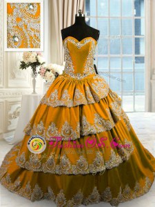 New Style Taffeta Sleeveless With Train 15 Quinceanera Dress Court Train and Beading and Appliques and Ruffled Layers